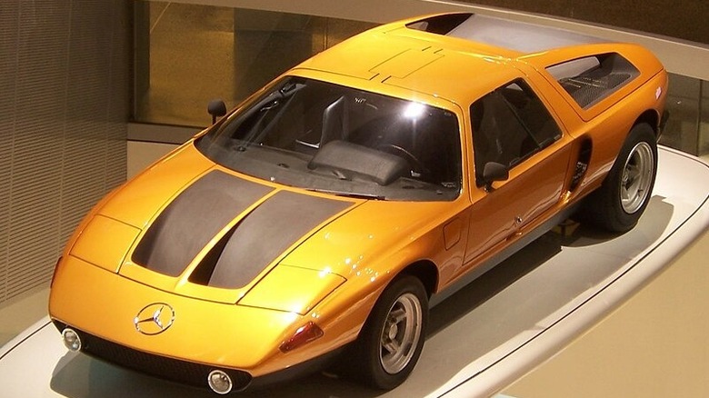 Orange 1969 Mercedes C111 on display