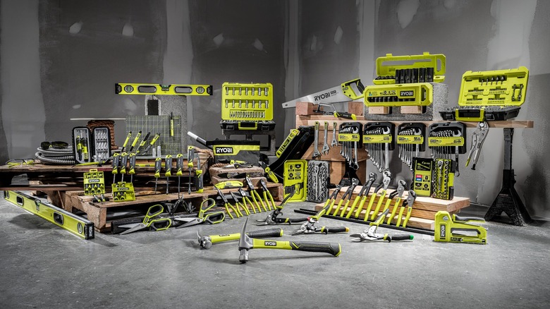 lineup of Ryobi hand tools