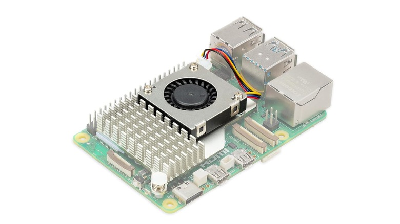 Raspberry Pi 5 board with official active cooler installed