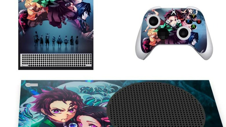 Xbox Series S and controller covered in Demon Slayer anime decals