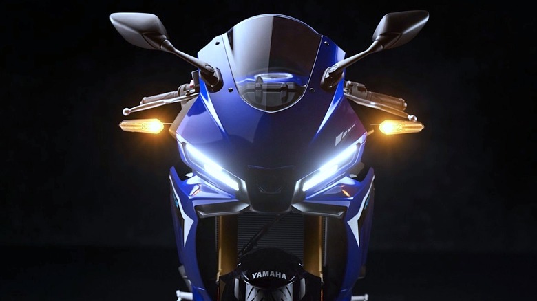 Front end of Yamaha YZF-R3 with lights on