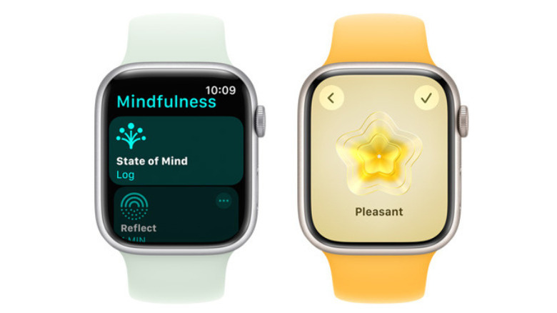 two Apple Watches showing the Mindfulness app and the Pleasant emotion