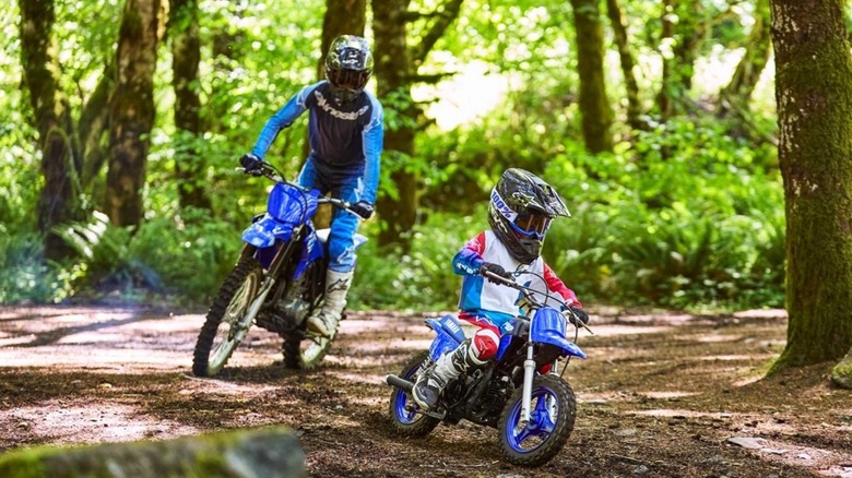 Yamaha PW50 leading a larger Yamaha