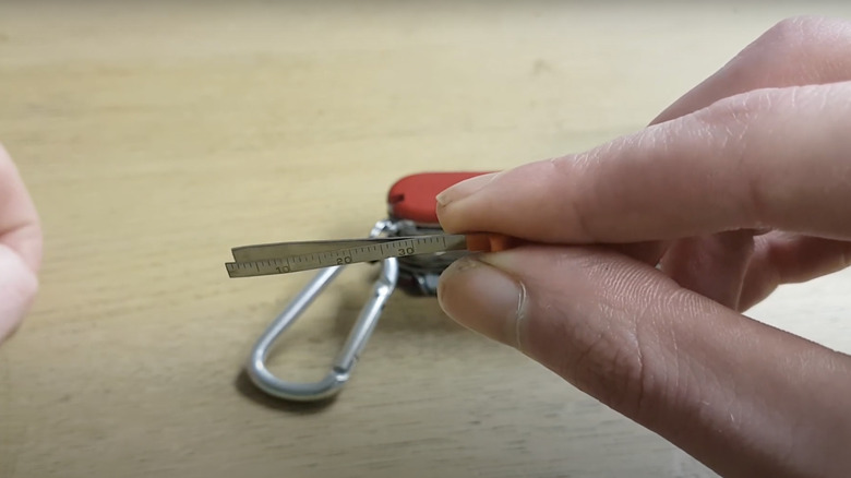 Person holding Swiss Army Knife tweezer with ruler