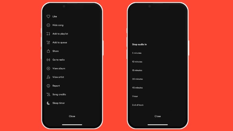 Spotify sleep timer screenshots