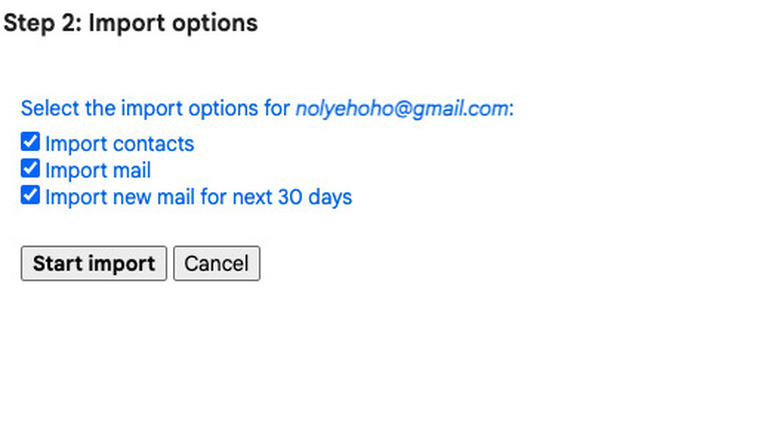 Gmail import email and contacts screen