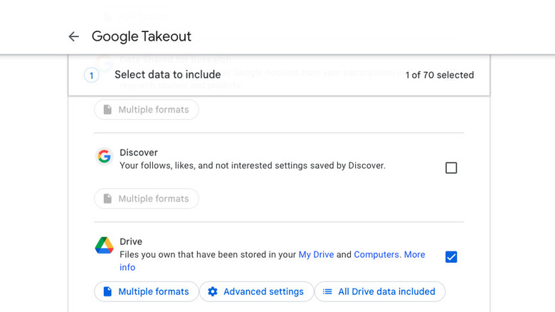 Google Takeout select data to export screen