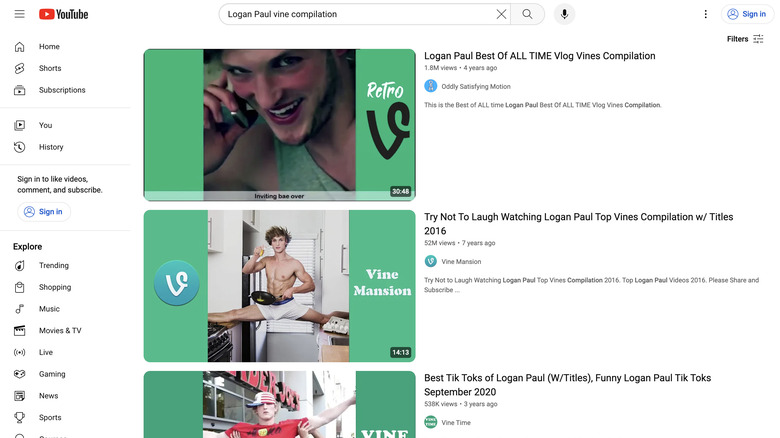 YouTube search results for Logan Paul Vine compilation