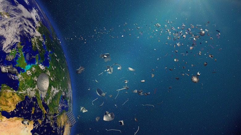 A debris field of space junk around the Earth