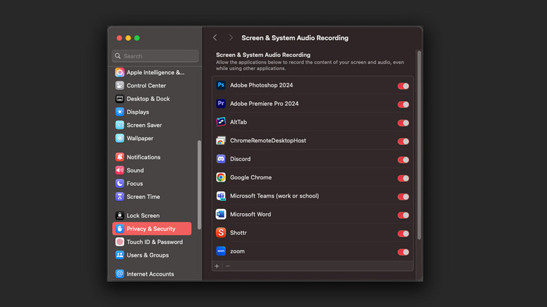 Screen recording settings in macOS