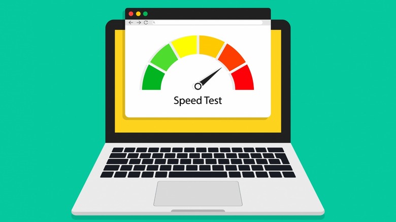 speed test clipart on laptop with teal background