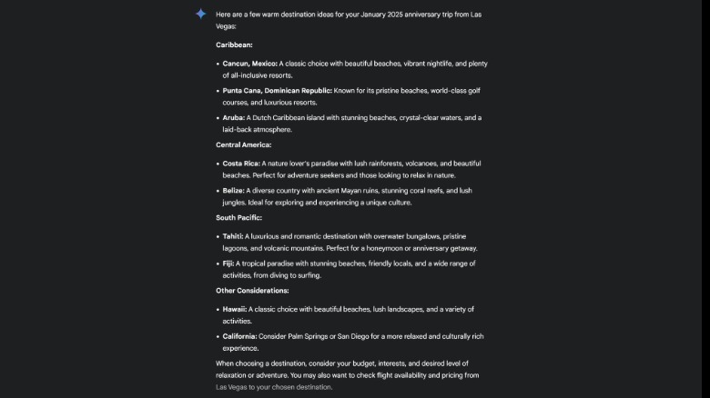 Google Gemini suggests a list of beach vacation destinations