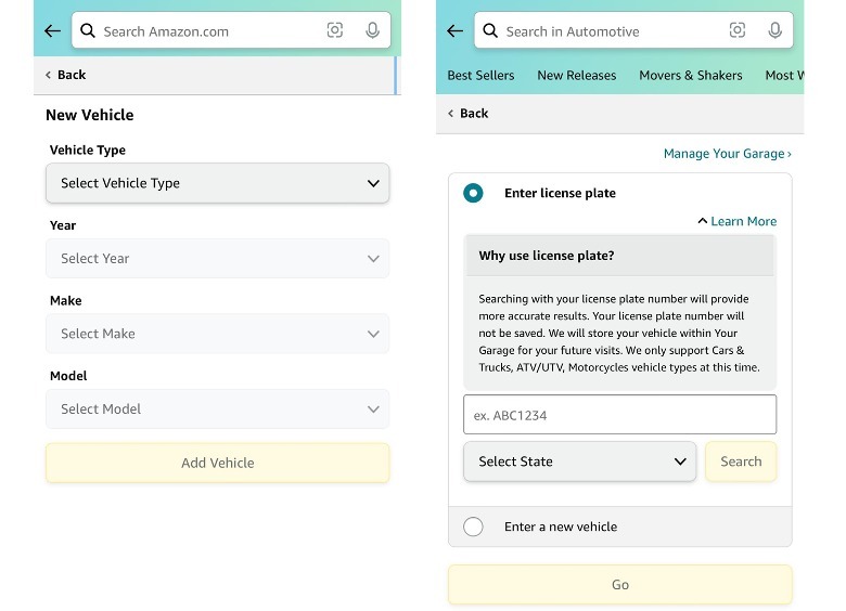 Amazon Your Garage add new vehicle
