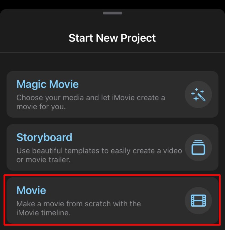 new imovie project selection