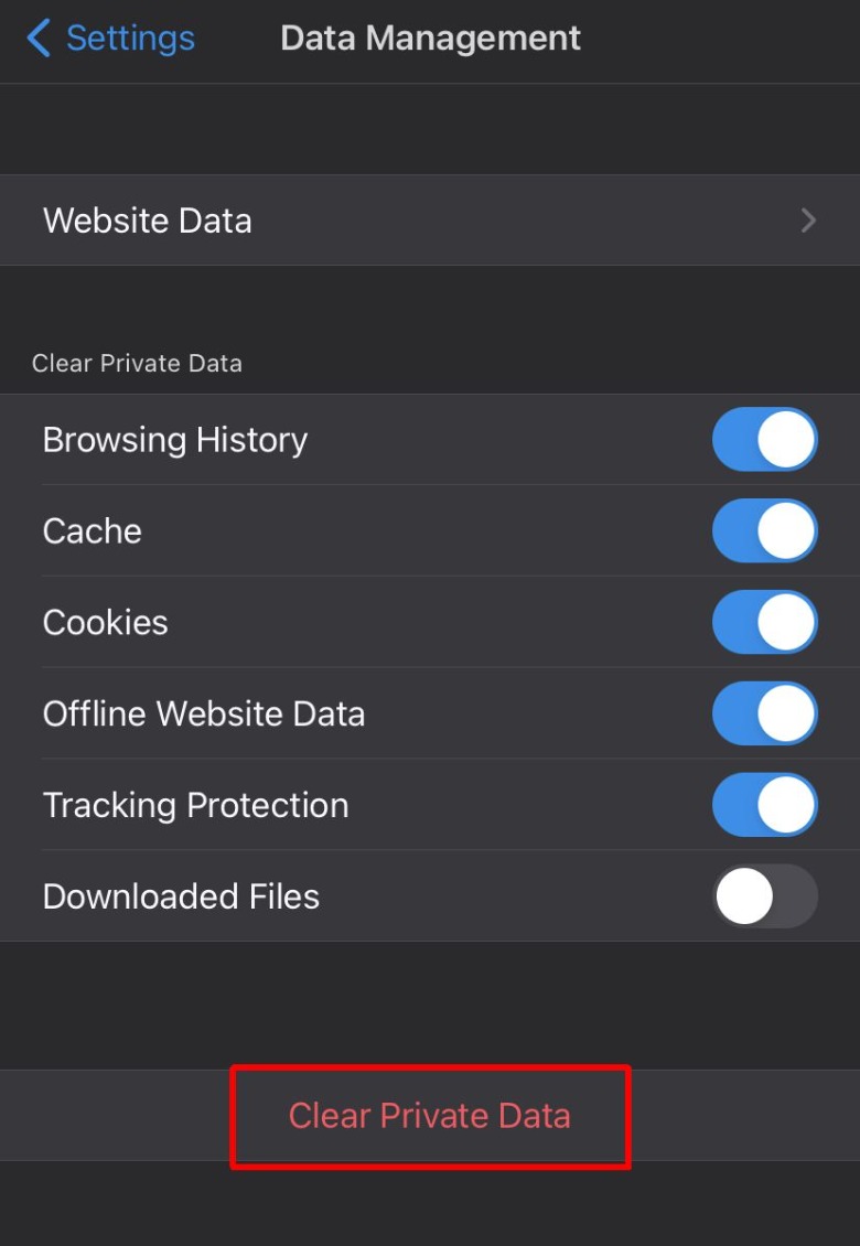 Firefox app clear cache screen