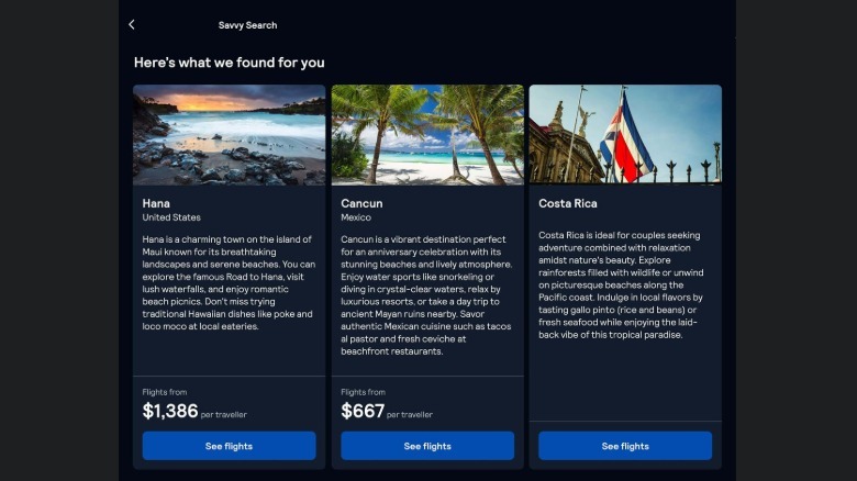 Skyscanner Savvy Search suggests three beach destinations