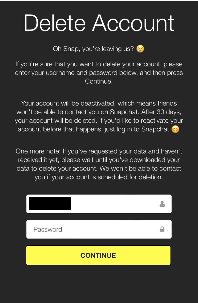 Snapchat account deletion page