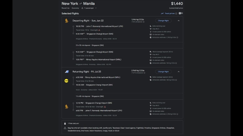 A Google Flights flight from New York to Manila is onscreen
