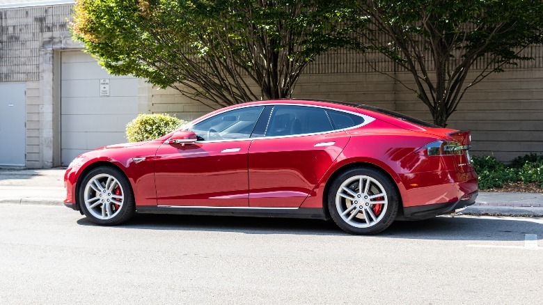 red Tesla Model S on street