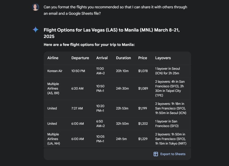 Google Gemini formats flight recommendations into a Google Sheet table