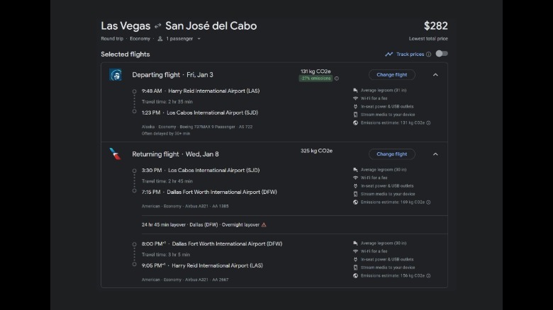 A screenshot of a Google Flights flight from Las Vegas to Cabo shows a low price