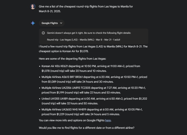 Google Gemini provides flight search results after a query is entered