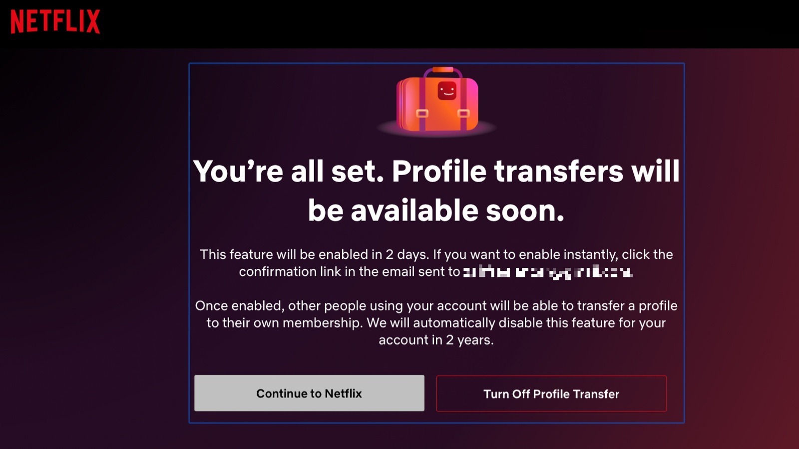 Netflix transfer confirmation screenshot