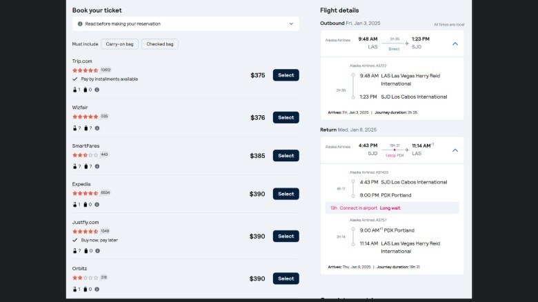 A Skyscanner return trip from Cabo to Las Vegas is shown