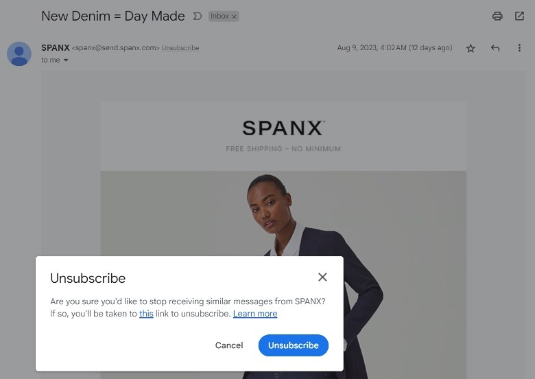 Spanx unsubscribe on Gmail